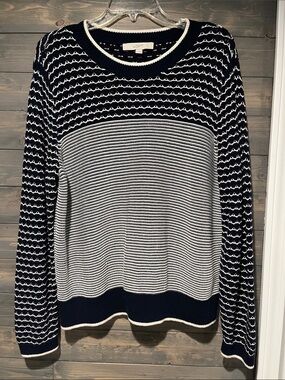 LOFT Navy and White Patterned Crewneck Sweater XXL
